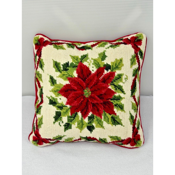 Vintage Wool Needlepoint Christmas Pillow Poinsettia Red Velvet Red 12” X 12” - Picture 4 of 4